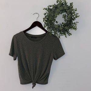 BLVD Front Knot Green Ribbed Shirt Cropped Medium